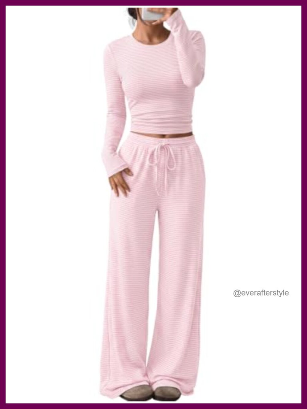 Women's Striped 2 Piece Lounge Set Wide Leg Pants Crewneck Top Casual